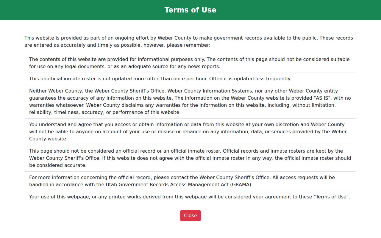 Weber County arrest search roster terms and update warning