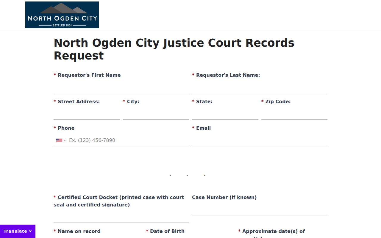 North Ogden criminal court records certified docket form for Weber County