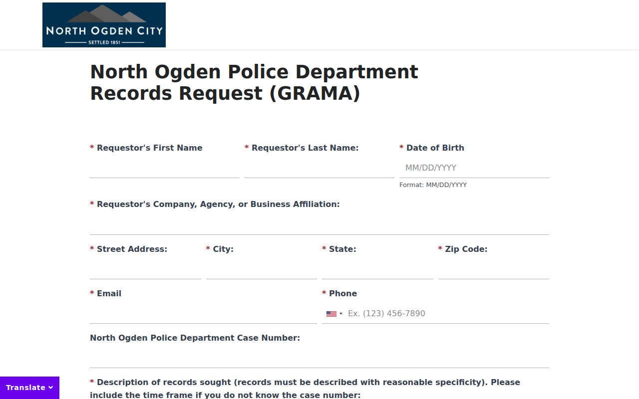North Ogden criminal records police GRAMA form in Weber County
