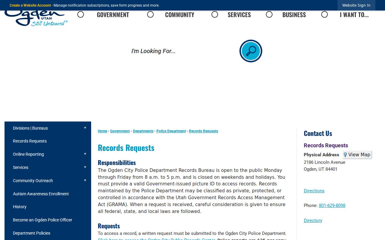 Ogden criminal records request page in Weber County