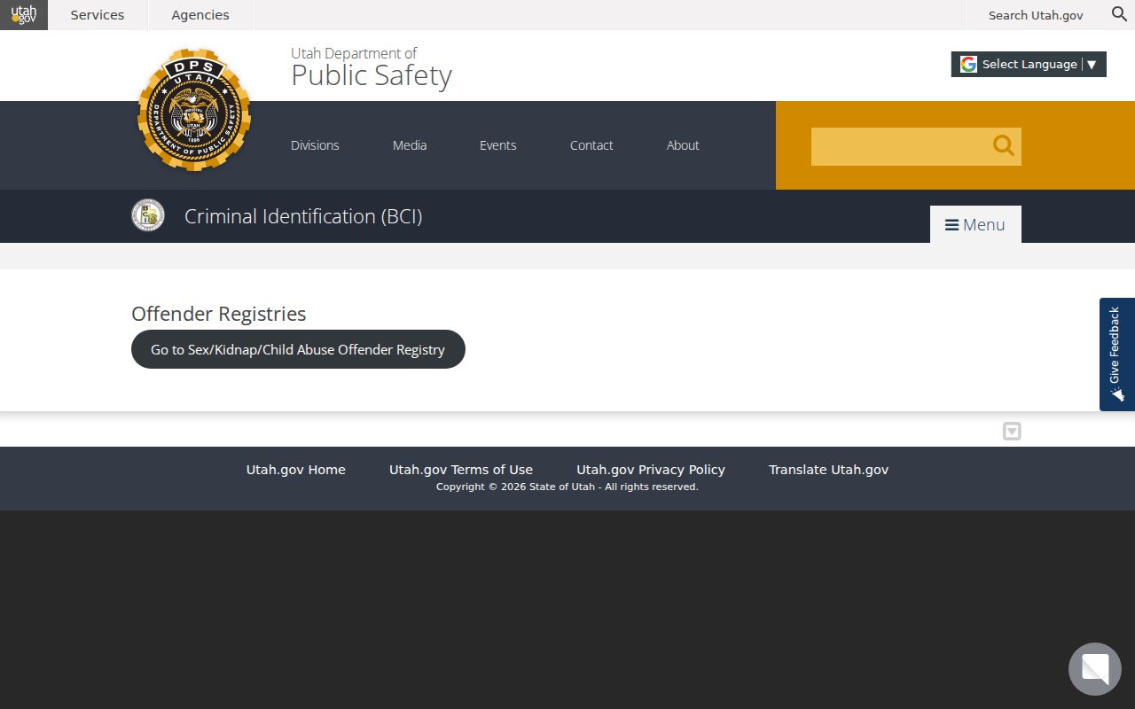 Weber County sex offender lookup at the Utah BCI registry gateway
