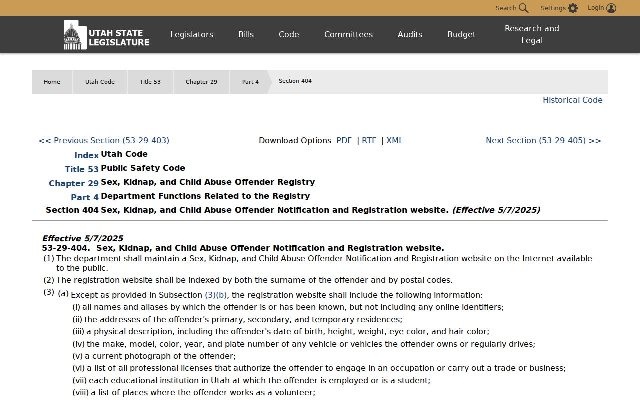 Utah public registry requirements for Weber County offender records