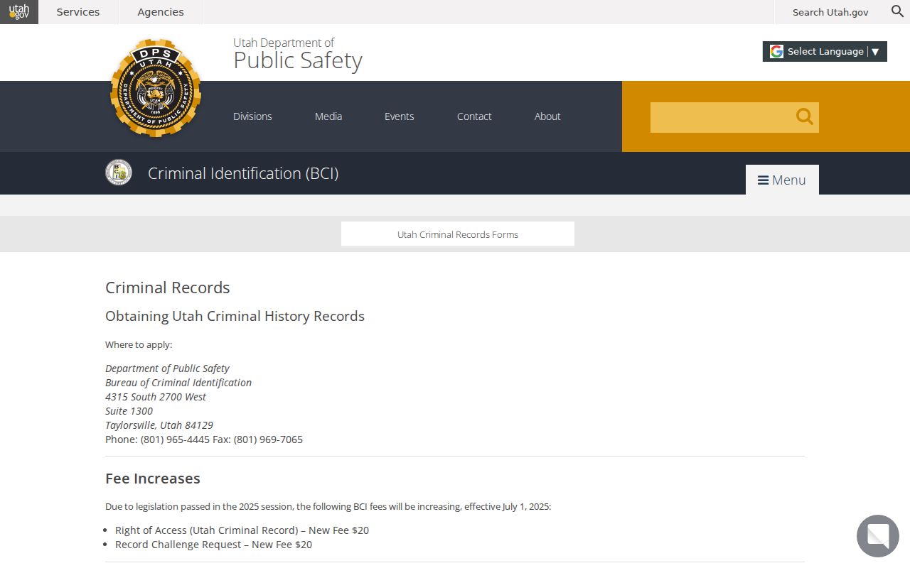Weber County criminal history Utah BCI self-record access