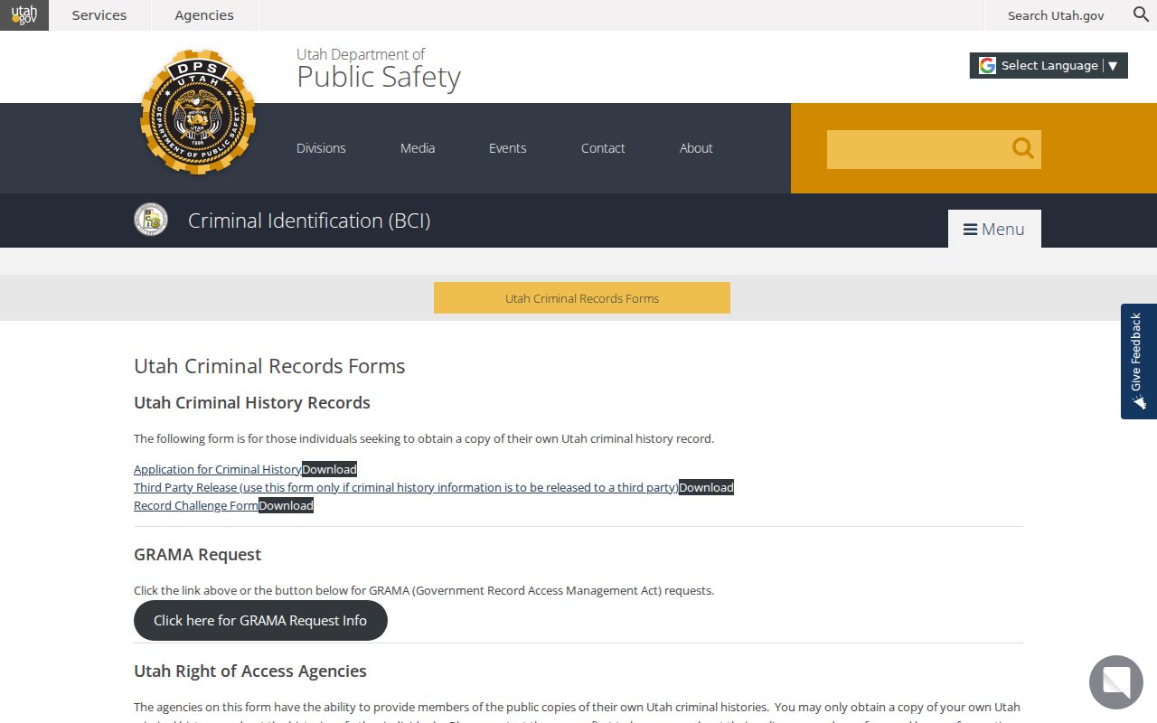 Weber County criminal history BCI record forms